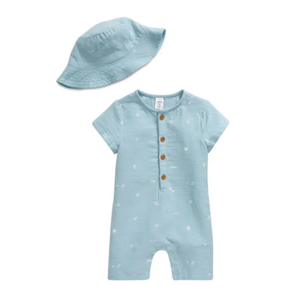 Nordstrom Baby Blue Henley Romper & Hat Set Size Newborn